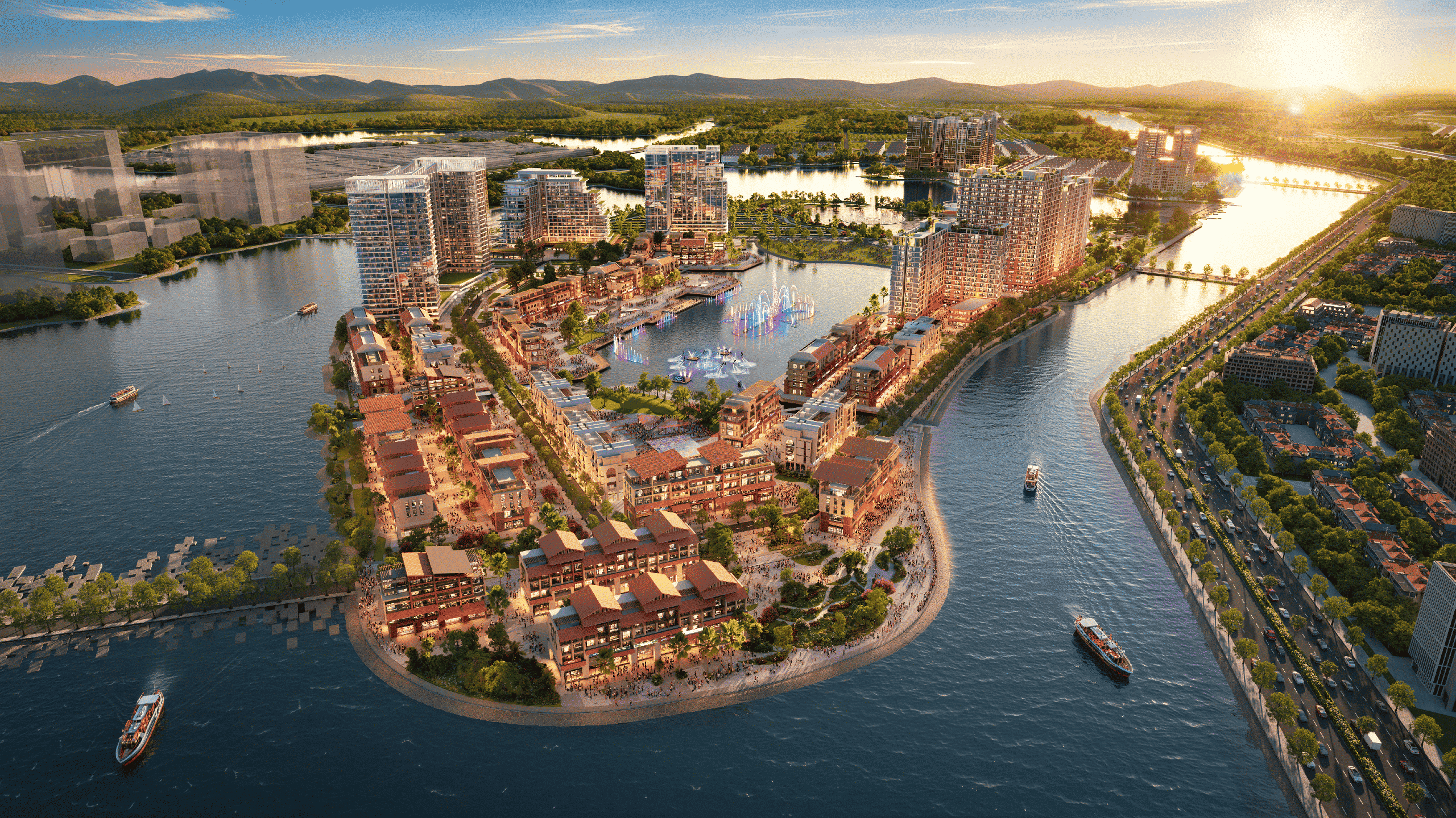 Phối cảnh tổng thể siêu đô thị Charmora City với 3 hòn đảo nhân tạo và dòng sông Quán Trường, kèm theo badge '227ha — 3 đảo — MĐXD 26,7%'.