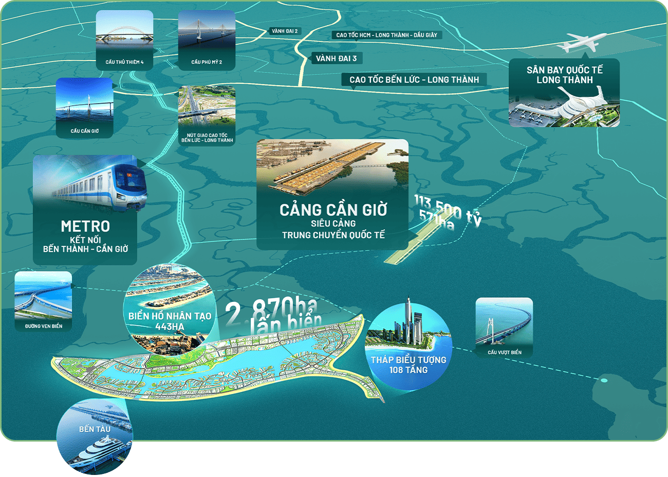 Bản đồ quy hoạch giao thông Cần Giờ, hiển thị các tuyến cầu, đường cao tốc, tuyến metro và cảng biển kết nối khu vực với TP.HCM và các tỉnh lân cận
