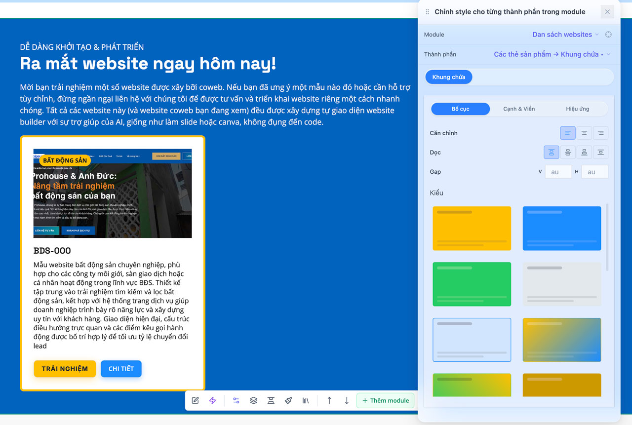 Giao diện người dùng đang chỉnh sửa nội dung website bất động sản bằng công cụ kéo thả trực quan