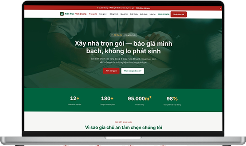 Mẫu website cho nhà thầu xây nhà trọn gói, phong cách xanh vững chãi, chuyên nghiệp