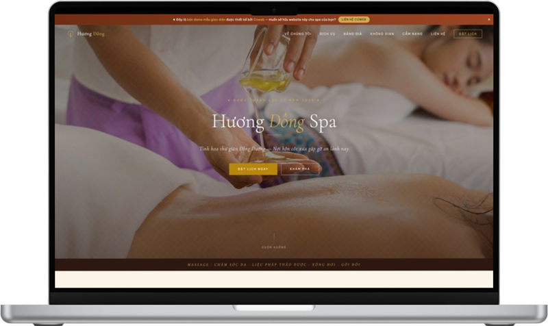 Mẫu website spa cao cấp — bán trải nghiệm chữa lành qua phong cách Đông Dương sang trọng, ấm áp.