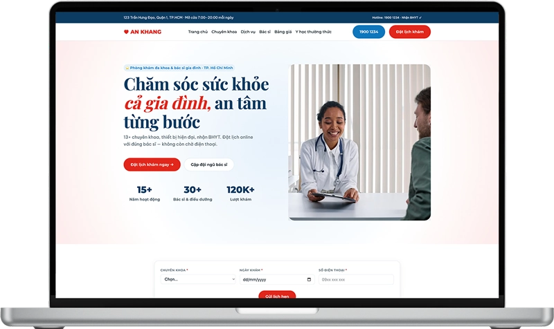 Mẫu website phòng khám đa khoa – bác sĩ gia đình phong cách y tế xanh navy sạch sẽ, đáng tin.