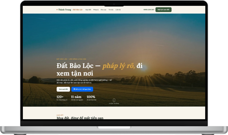 Mẫu website môi giới đất chuyên đất nền: phong cách thiết kế xanh thiên nhiên mộc mạc, an yên.