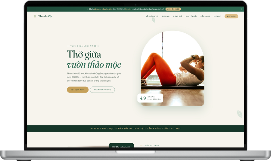 Mẫu website cho spa thảo mộc – wellness "sống xanh": bán trải nghiệm chữa lành tự nhiên bằng phong cách vườn nhiệt đới Đông Dương xanh mát, sạch và an yên.