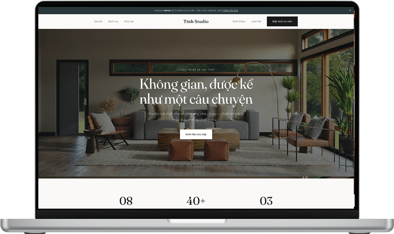 Mẫu website cho studio thiết kế nội thất boutique, mang phong cách tối giản tĩnh lặng, editorial sang trọng.
