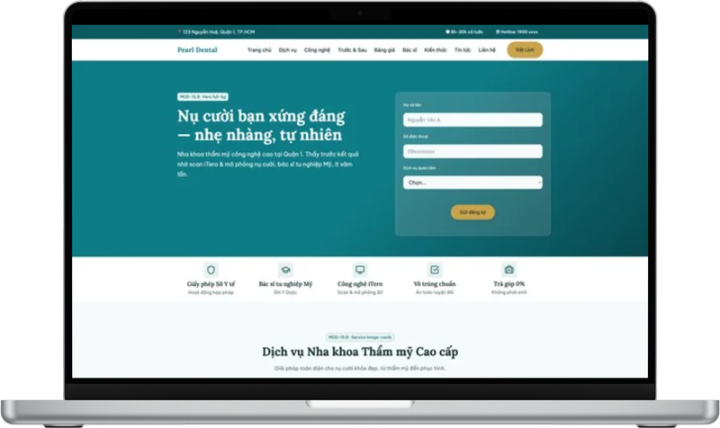 Website mẫu cho nha khoa thẩm mỹ: khẳng định chuyên môn, minh bạch chi phí và dẫn dắt khách hàng đặt lịch thăm khám.